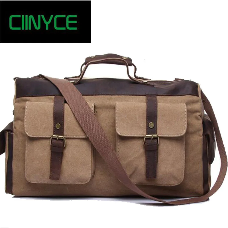 

New Oversized Canvas Crazy Horse Leather Trim Travel Duffel Totes Crossbpody Weekend Vintage Military Army Green Men Bags