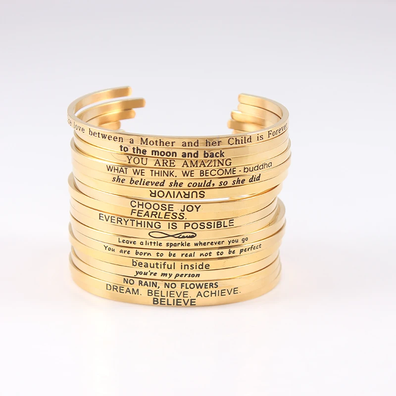 

Newest Hot 316L Stainless Steel Bangle Positive Inspirational Quote Cuff Bracelets Gold Color Mantra Bracelets Bangles for Women