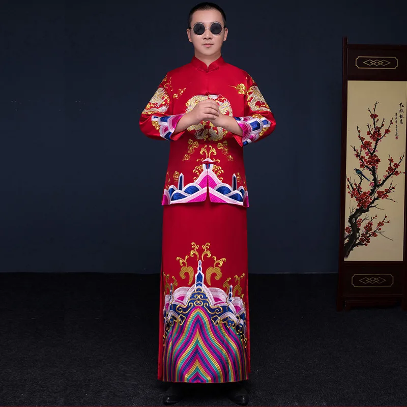 Мужской красный cheongsam тост костюмы Женихи платье куртка длинное Традиционный китайский стиль Свадебные Qipao для мужчин вышивка Тан костюм