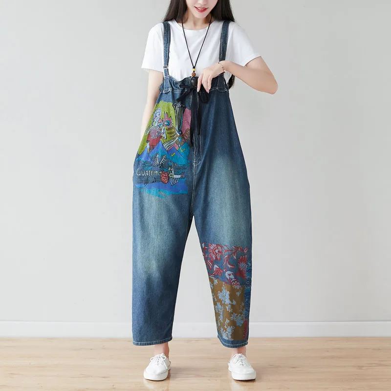 

Women Thin Denim Jumpsuits Printed Loose Wide Leg Bib Denim Overalls Drop Crotch Denim Rompers Plus Size Baggy Cowboy Bodysuits