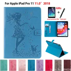 Чехол для iPad Pro 11 2018 A1934 A1979 A1980 A2013 Крышка планшета принципиально девушка кошка тиснением из искусственной кожи флип стенд оболочки + пленка +