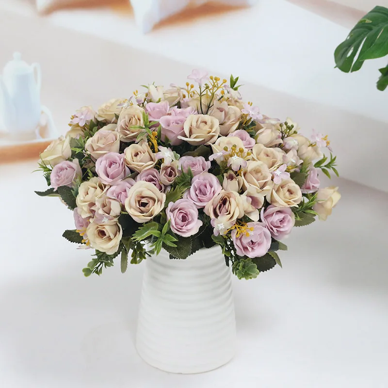 Flone Artificial European Silk Small Rose Fake Flowers Bouquet Wedding Flower Row DIY Accessories Material Home Party Decoration (9)