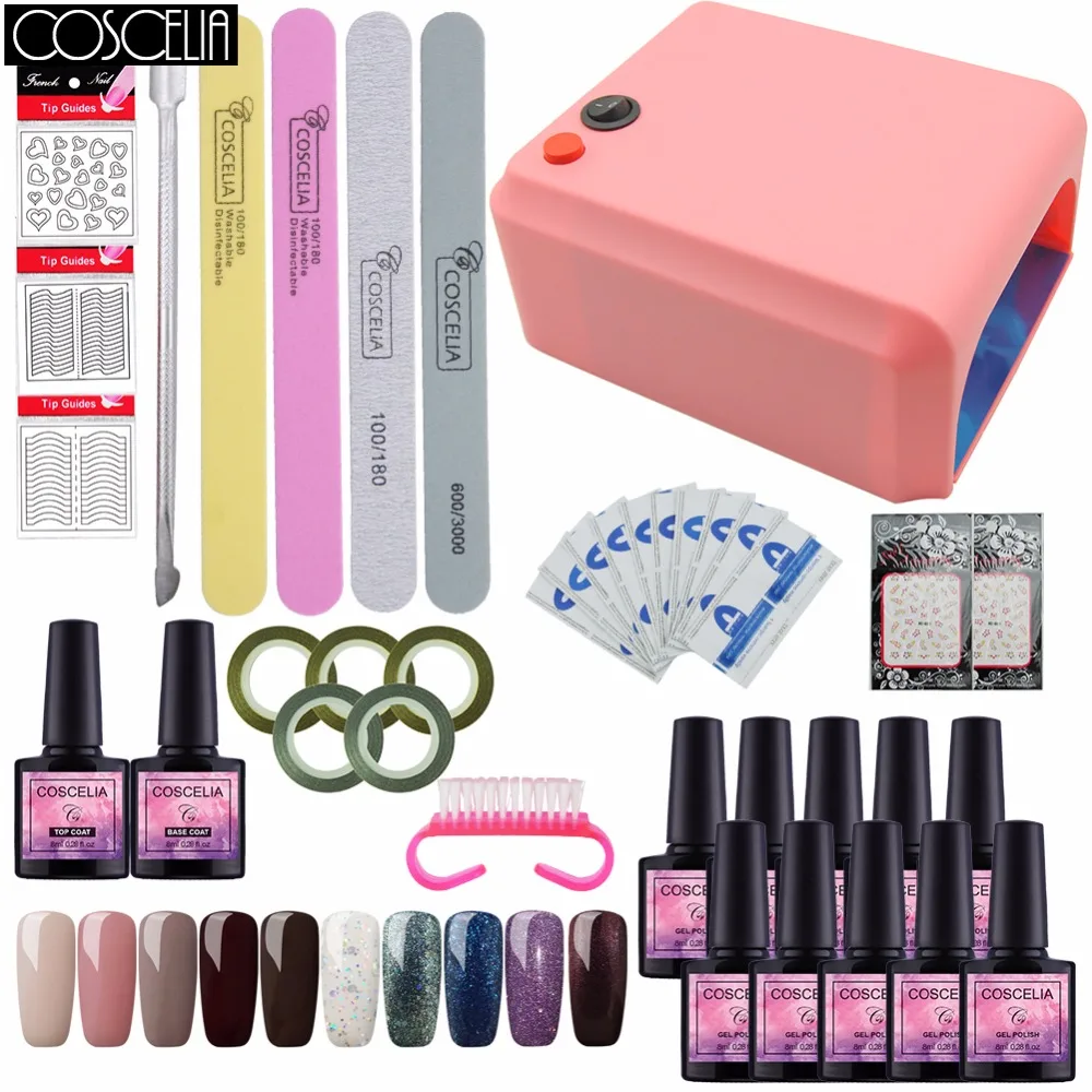 

36W UV Lamp For Nail Art &10 Pcs 8ml Soak Off UV Gel Nail Polish Lacquer Manicure Tools Nail Tips Kit Full Set Base Top In Set