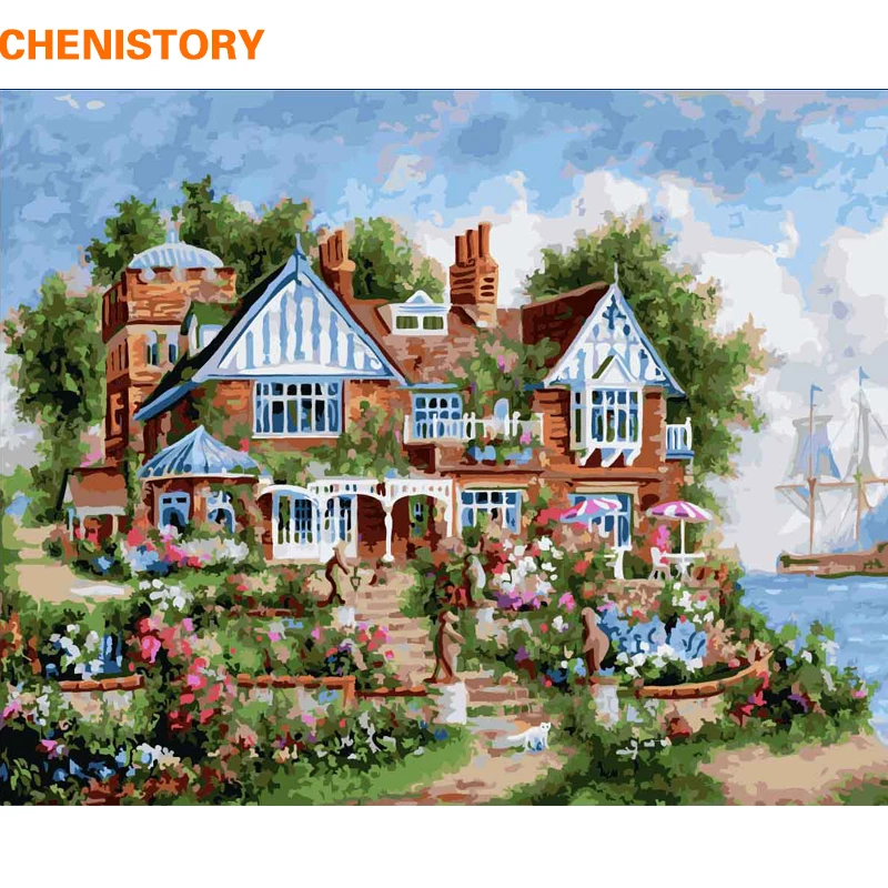 

CHENISTORY Frameless Villa Seaside DIY Painting By Numbers Landscape Modern Wall Art Picture Handpainted Oil Painting Home Decor