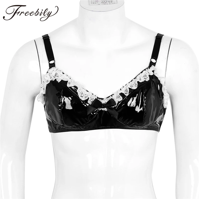 

Men Sissy Gay Lingerie Tank Underwear Shiny Wire-free No Padded Bralette Fashion Lace with Bowknot Wetlook Faux Leather Bra Tops