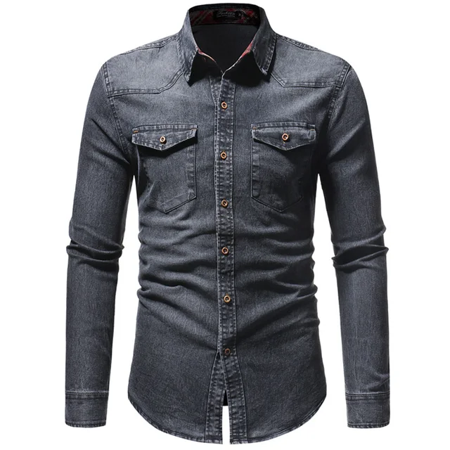 2019 Black Denim Shirt Men Long Sleeve Regular Fit Male Social Dress