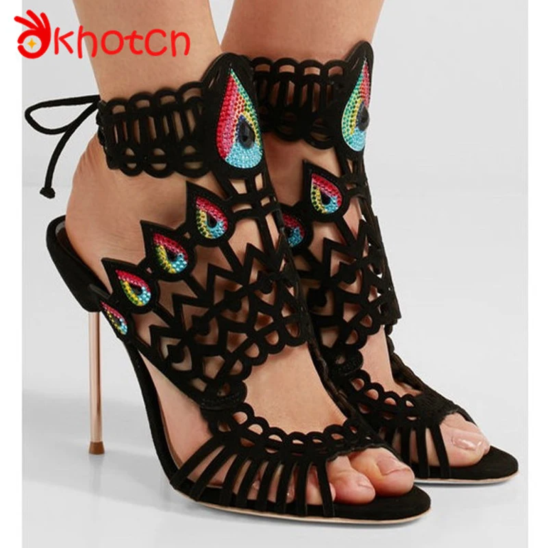 

Okhotcn Sandalias Mujer Hollow Thin High Heels Slingback Woman Shoes Multi Colors Studded Crystal Escarpins Femme Free Shipping