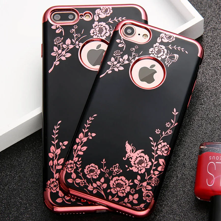 

Fashion Flower Phone Cases For iphone 7 6 6s Plus Case Plating Soft TPU Silicone Cover Elegant Lady Floral Butterfly Capa