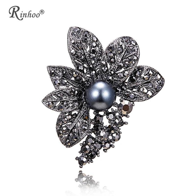 

RINHOO Vintage Leaf Full Rhinestone Flower Brooches for Women Black Fashion Leaves Brooch Pin Jewelry High Quality New Year Gift