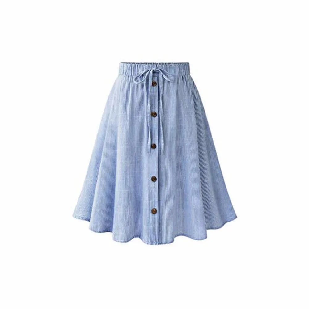 

Women's A-Line High Waisted Button Drawstring Pleated Stripe Elastic Midi Skirt