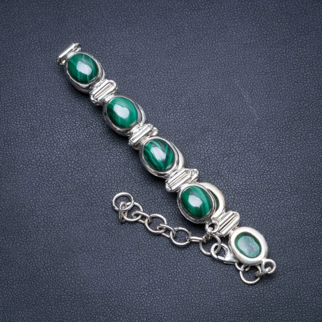 

Natural Malachite Handmade Mexican 925 Sterling Silver Bracelet 6 1/2-7 3/4" S2071