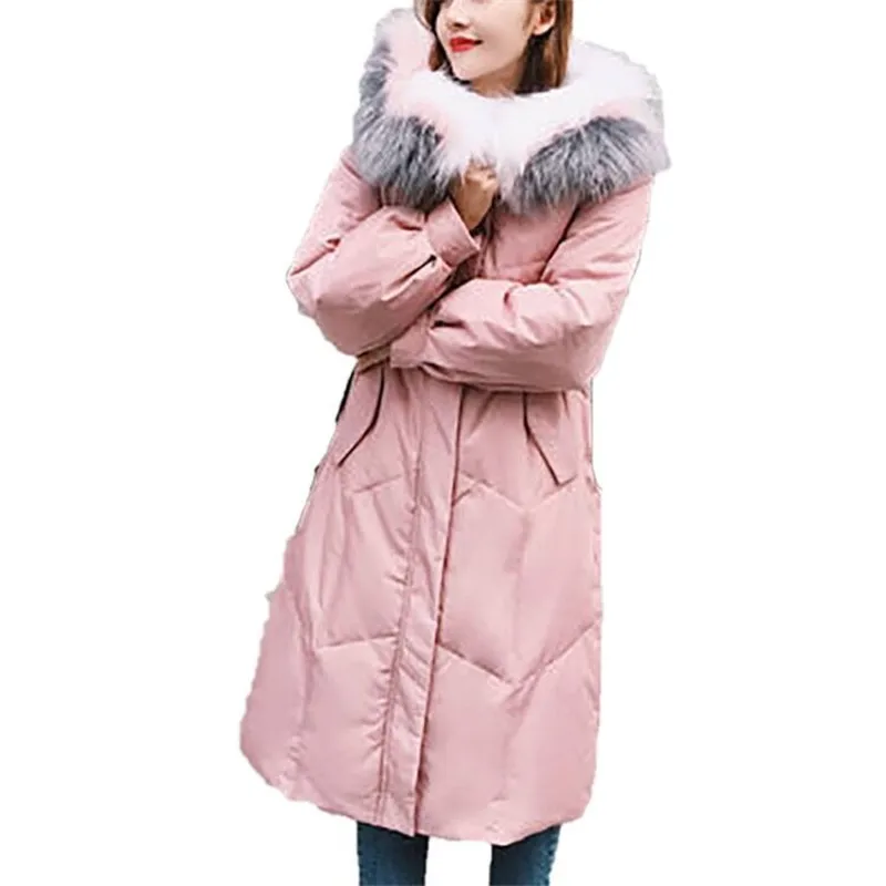 

Winter White Duck Down Jacket Women 2018 Big Real Fur Collar Hood Solid Color Coat Thicken Warm Long Outerwear Loose Parkas Z48