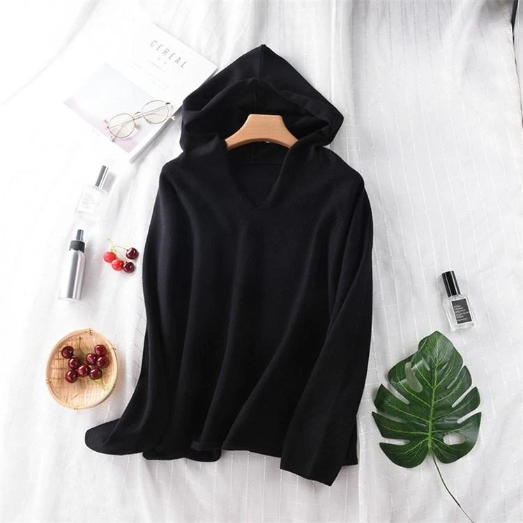 cashmere wool blend knit women hooded crimping pullover sweater coat wide loose large size S-3XL