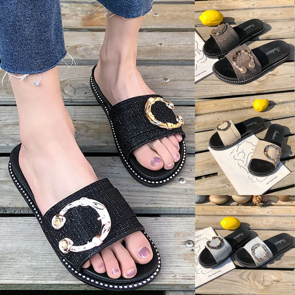 

Women Open Toe Wild Casual Slippers Summer Crystal Bling Low Heels Soft Bottom Sandals Platform Beach Walk Shoes 3 Colors 35-40