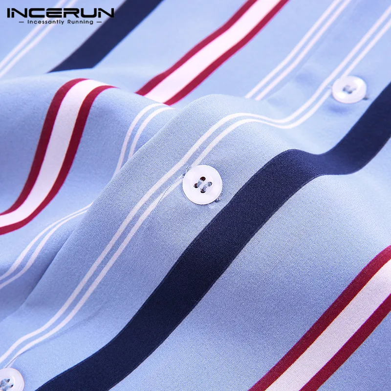 INCERUN/летняя полосатая рубашка с коротким рукавом для мужчин, с отворотом, с вырезом, Повседневная дышащая, шикарная, для отдыха, брендовые рубашки для мужчин Camisa Masculina