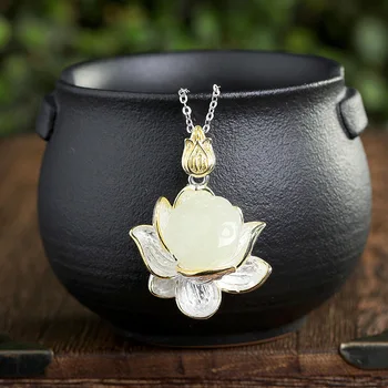 

polyster S925 pure silver pendant inlaid hetian jade white jade lotus lotus ms collarbone chain pendant hanging pendant