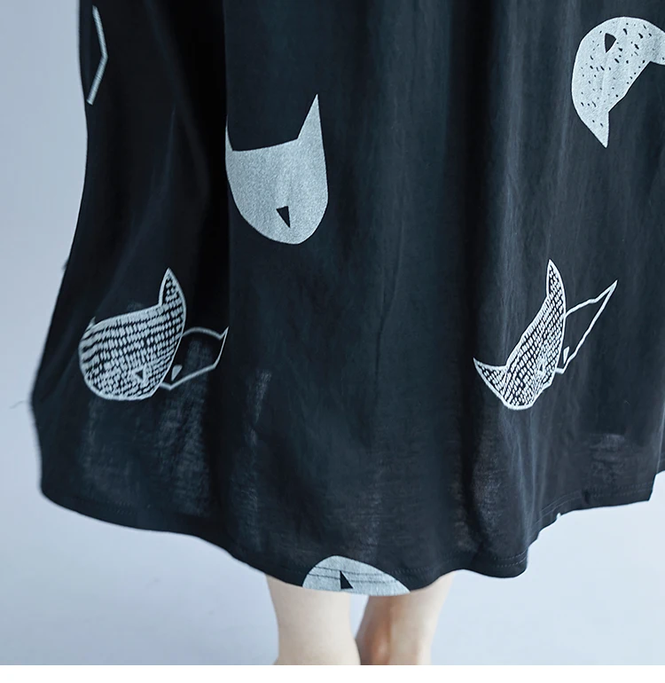 Oversize Summer Dress Plus Size Casual Cotton Linen Women Dress Elegant Cartoon Cat Print Long Maxi Beach Dresses 2019 Vintage10