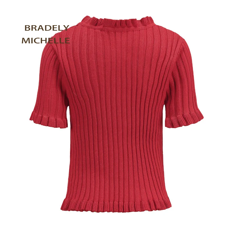 BRADELY Мишель Для женщин модные рубашки с короткими рукавами кардиганы с оборками свитера с Однобортный большие эластичные трикотажные укороченные топы