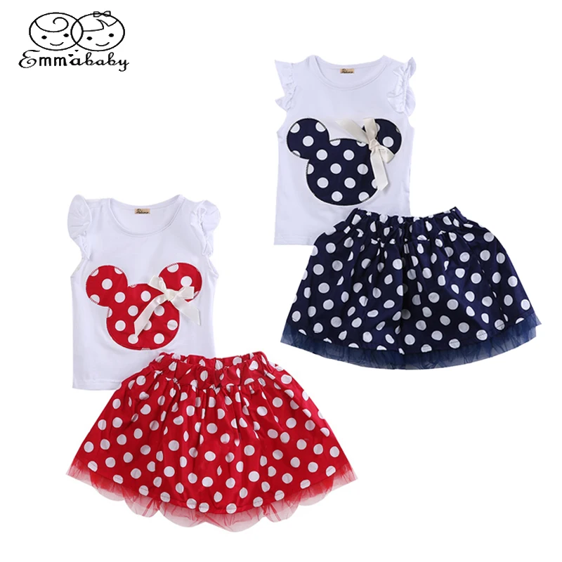 

1-4Year Cute Summer Toddler Kids Baby Girl Cotton Tops Sleeveless T-Shirt Vest mouse+Party Dress Skirt Clothes Set 2PCS