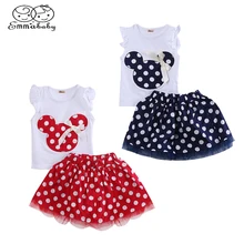 1-4Year Cute Summer Toddler Kids Baby Girl Cotton Tops Sleeveless T-Shirt Vest mouse+Party Dress Skirt Clothes Set 2PCS