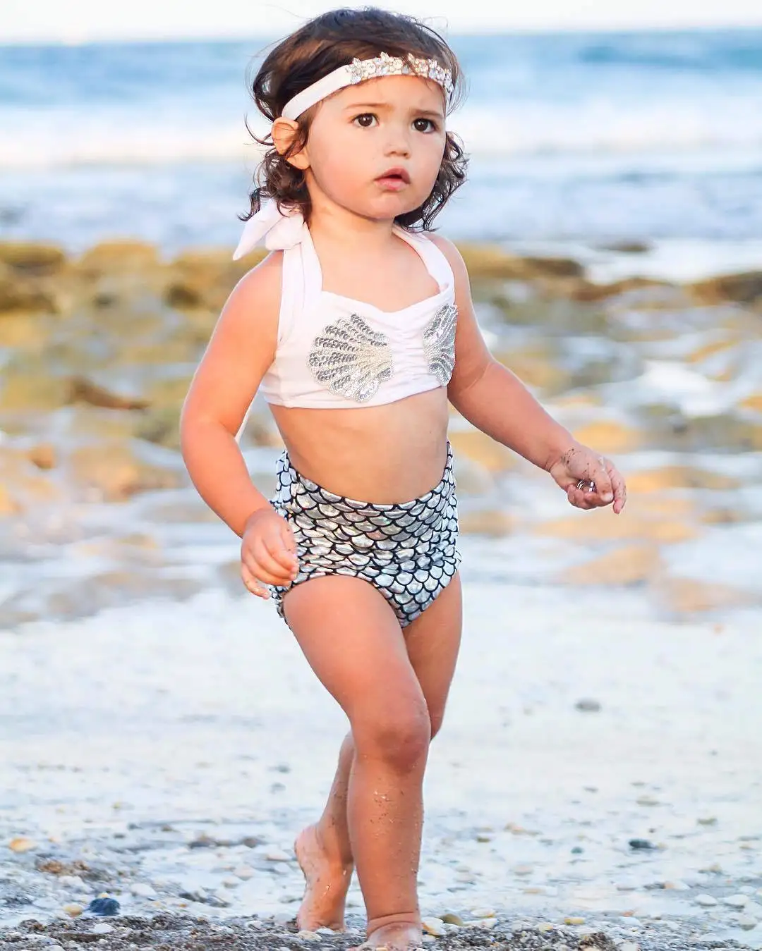

2019 Newborn Toddler Baby Kids Girl Halter Top Swimsuit White Mermaid Bikini Set Girls Swimwear Costume Beachwear Swim Wear