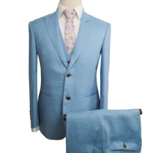 Мужские комплекты светло-голубого льняного костюма, Свадебный костюм из 3 предметов(пиджак+ брюки+ жилет