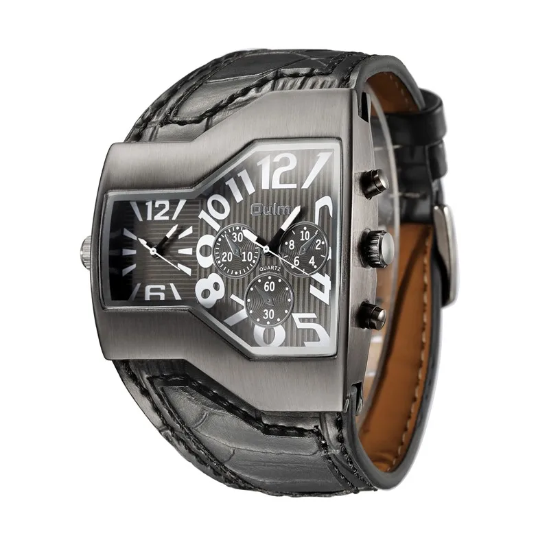 Oulm 1220 Luxury Brand Men Quartz Watches Two Time Zone Leather Strap Cool Mens Sports Watches Male Clock relogio masculino