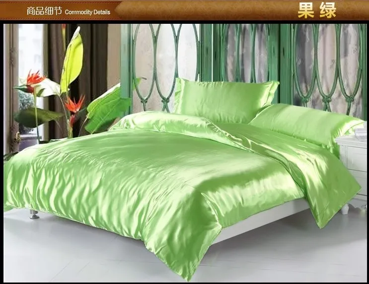 Luxury solid apple green silk satin bedding set king queen full ...