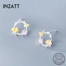 INZATT Настоящее серебро 925 проба Циркон Серьги Гвоздики розовый круглый стеклянный желтый цвет листья для женщин Свадебные милые модные ювелирные изделия