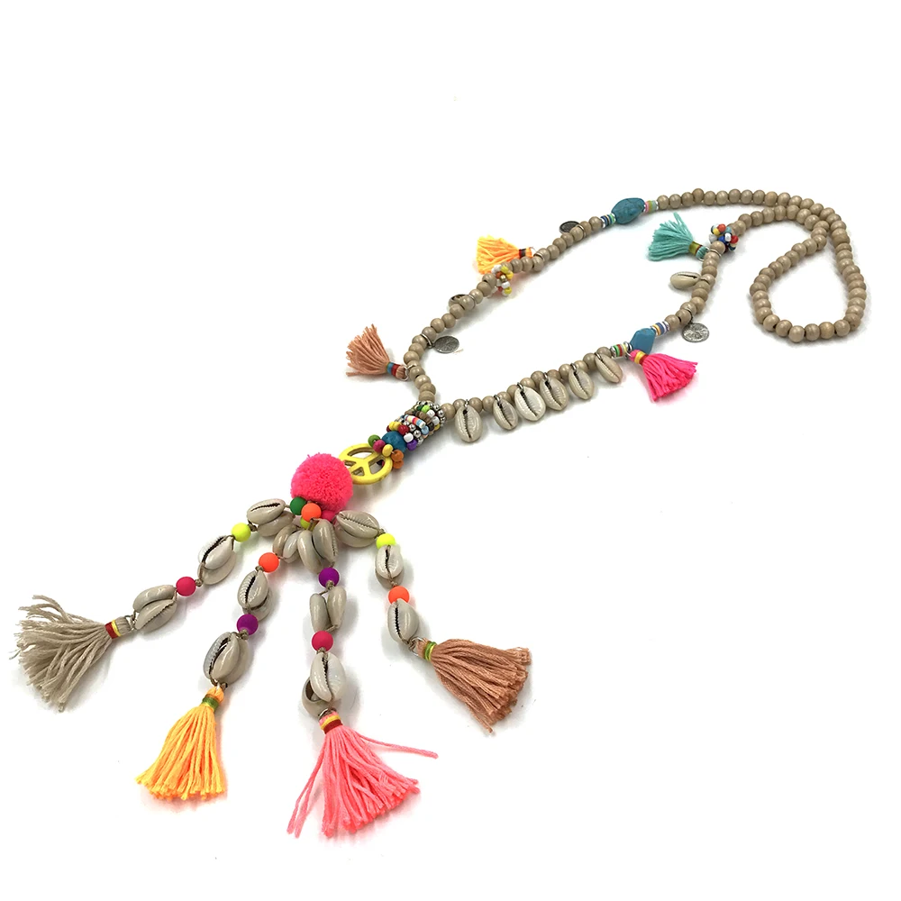 New Clothing accessories Bohemian wood beaded tassel long Necklace colorful long fringes Pompous Pendants Necklace for women