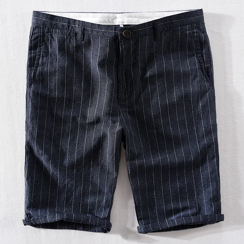 Летние мужские льняные шорты полосатый каждодневный свободный Брендовые мужские шорты в полоску 30-40 размер шорты для мужчин модные удобные шорты