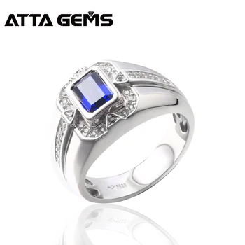 

Blue Sapphire Stering Silver Men's Ring for Anniversary S925 Ring for Men Faced Cut Created Sapphire Wedding Band Birthday Gifts