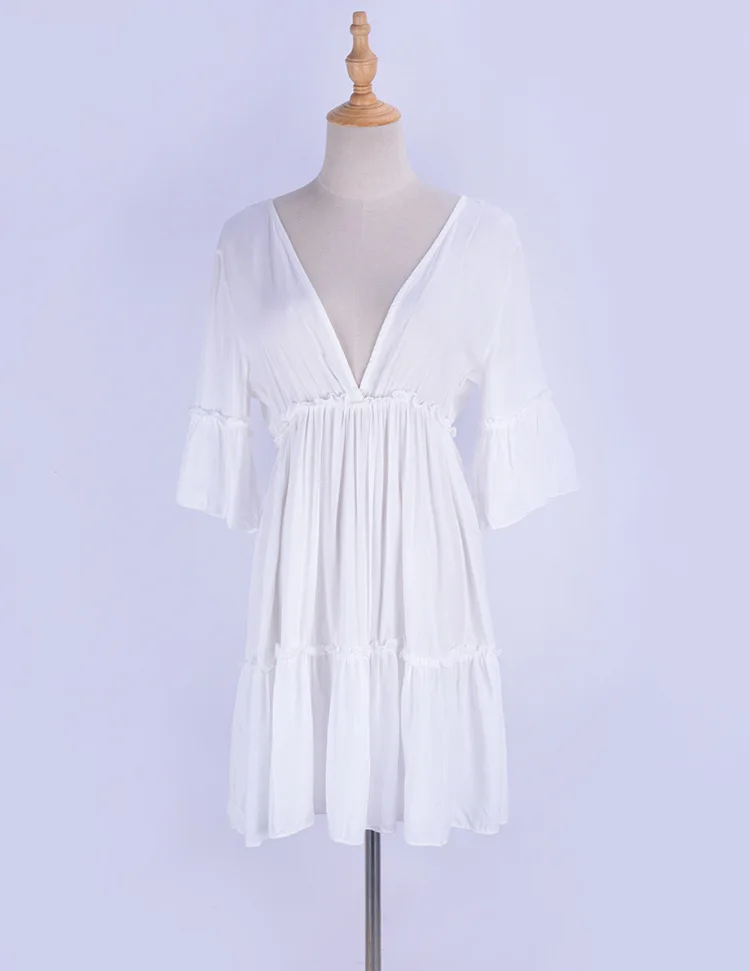 Deep V neck Beach Cover up Sarong White Cotton Beach Dress Tunic Bikini cover up Kaftan Beach Swimsuit cover up Saida de Praia-1