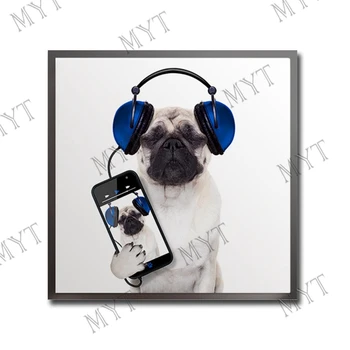 

Hand-painted Abstract Oil Painting cute animal dog listen music on Canvas Wall Art pictures for living room Home Decor no framed