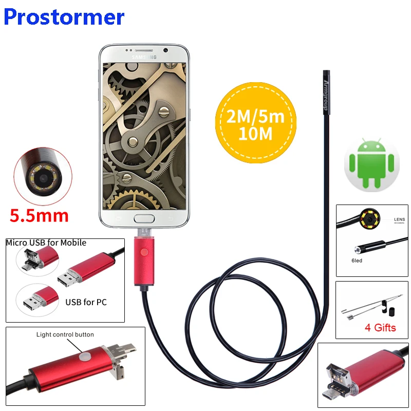 Prostormer 5.5mm 2IN1 PC Android endoscope camera And 7mm MINI usb snake len 6led waterproof endoscope broscope camera 19