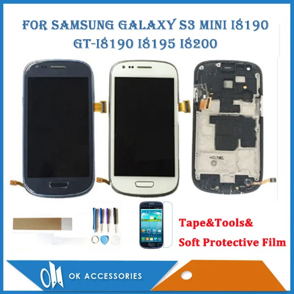 

White Blue For Samsung Galaxy SIII S3 Mini i8190 LCD Display With Touch Sensor Glass Digitizer Assembly With Frame With Kits