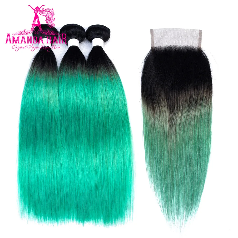 

Amanda Peruvian Straight Remy Hair 3 Bundles with Lace Closure Free Part Color T1b/green Human Hair Weave Bundles with Closure