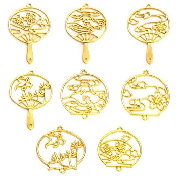 

8 Pcs/Set DIY Frame Chinese Fan Shape Exquisite Floral Landscape Epoxy Resin Jewelry Making Necklace Metal Frames Decoration