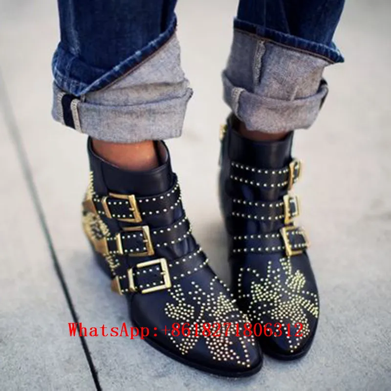 Fashion Celebrity Susanna Ankle Boots Women Buckles Rivets Studded Shoes Woman Vintage Low Heel Black Leather Riding Booties Zip