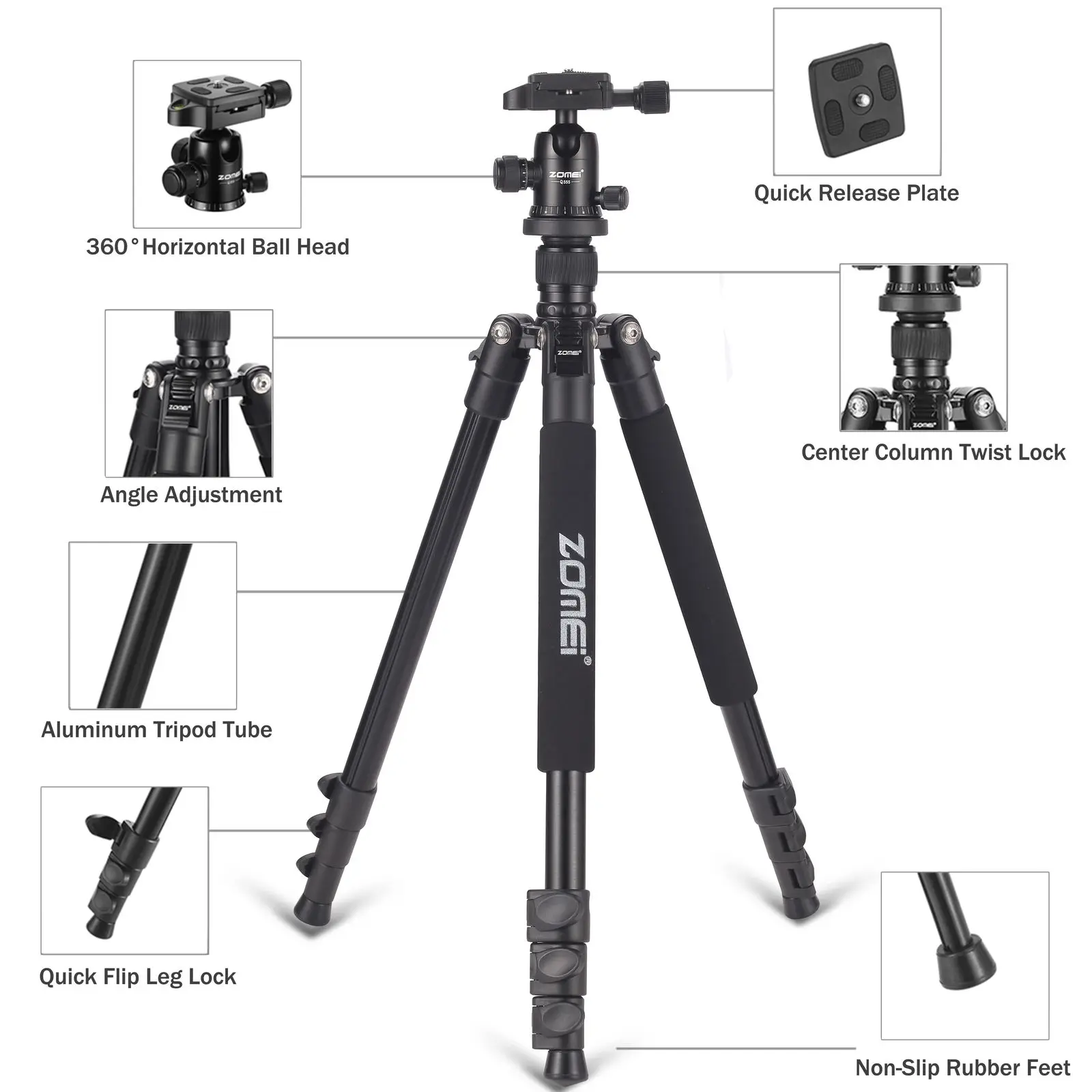  Zomei Professional Q555 Camera tripod Lightweight Aluminum Camera Tripod Stand with Ball Head for C