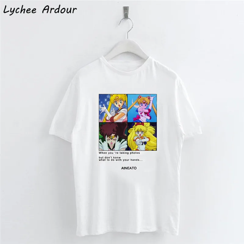 Sailor Moon Printed T-shirt Colorful Animation Letter Female T-shirts Summer Slim Casual Women T Shirts | Женская одежда