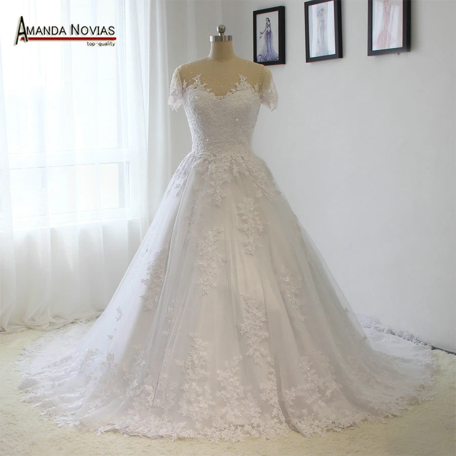 Vestido De Novia Short Sleeve Lace Appliques Sequin Beading Pearls