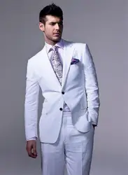 Белый пляжный Свадебный Мужской костюм с отворотом, приталенный костюм, 2 предмета, свадебный смокинг для мужчин, Жених (куртка + штаны)