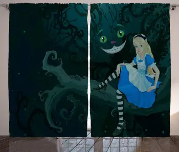 

Alice in Wonderland Decorations Curtains 2 Panel Set Alice Sitting on Branch with Chescire Cat in Darkness Striped Cartoon Love