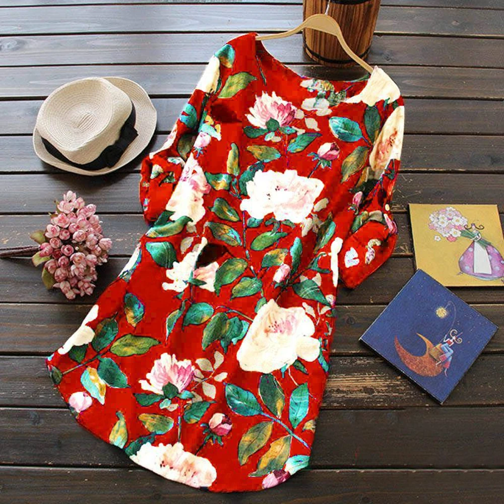 

Women O Neck Red Long Sleeve Cotton Linen Retro Flower Beach Knee Dress Boho Print Summer Loose Shirt Dress Large Size S-5XL
