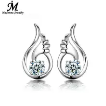 Moda joyería fina violeta blanco Crystal 925 aretes de plata pendiente alas del ángel diseño oído de la joyería marca Online regalo venta al por mayor