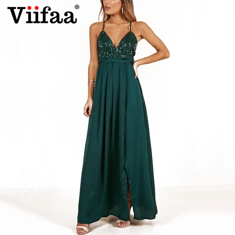 

Viifaa Green Sexy V Neck Party Women Long Dress Spaghetti Strap Backless Night Out Club Dresses Elegant Sequin Maxi Dress