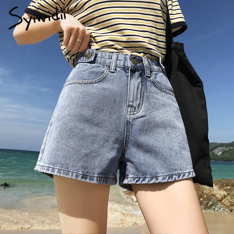 Women’s denim shorts Summer mom jeans high waist shorts Woman 2019 plus size short femme blue gray beige Wide leg shorts jeans