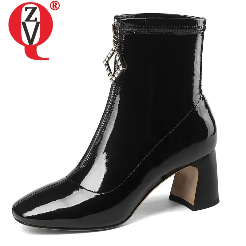 

ZVQ shoes women new fashion crystal decoration front zip square toe high square heel patent leather black sexy party booties