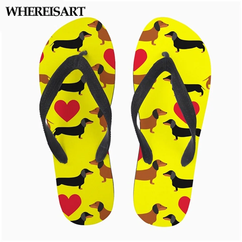 

WHEREISART 3D Animal Puppy Dachshund Women Flip Flops Casual Women's Flats Non-slip Slippers Woman Summer Fashion Flipflops